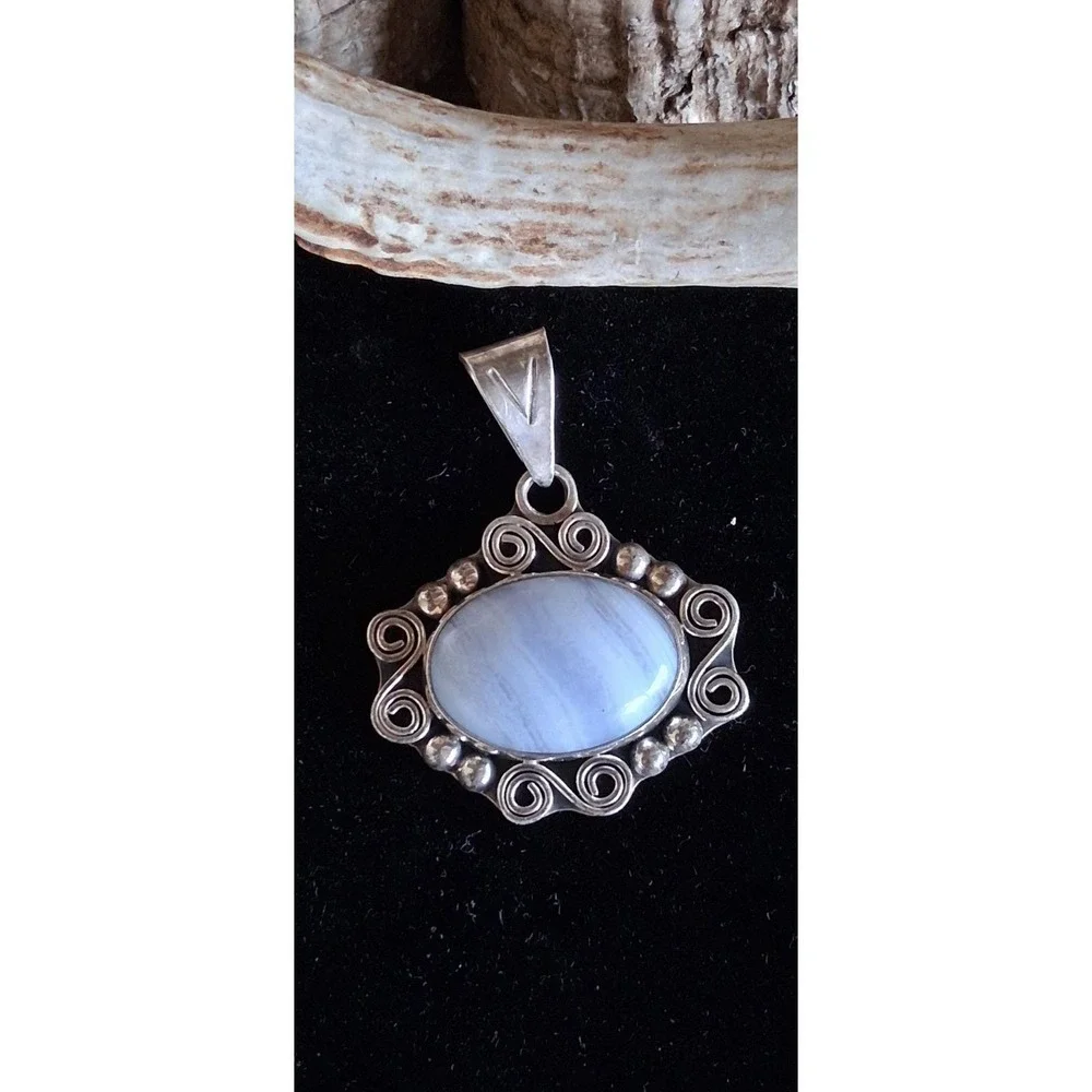 Sterling Silver CII Mexico Blue Lace Agate Pendant 925